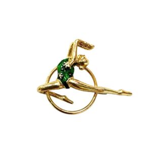KOMKOV brooch green gymnast with hoop sitting down