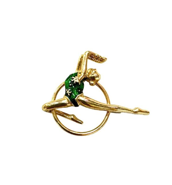 KOMKOV brooch green gymnast with hoop sitting down
